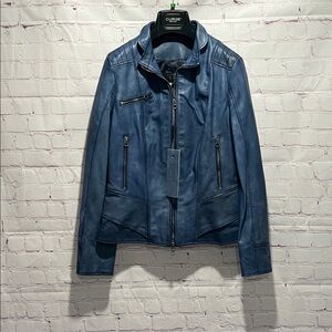 Italian Womans Blue Leather‎ Zip Up Jacket Made by CURGÈ size L EU 48 NWT W16